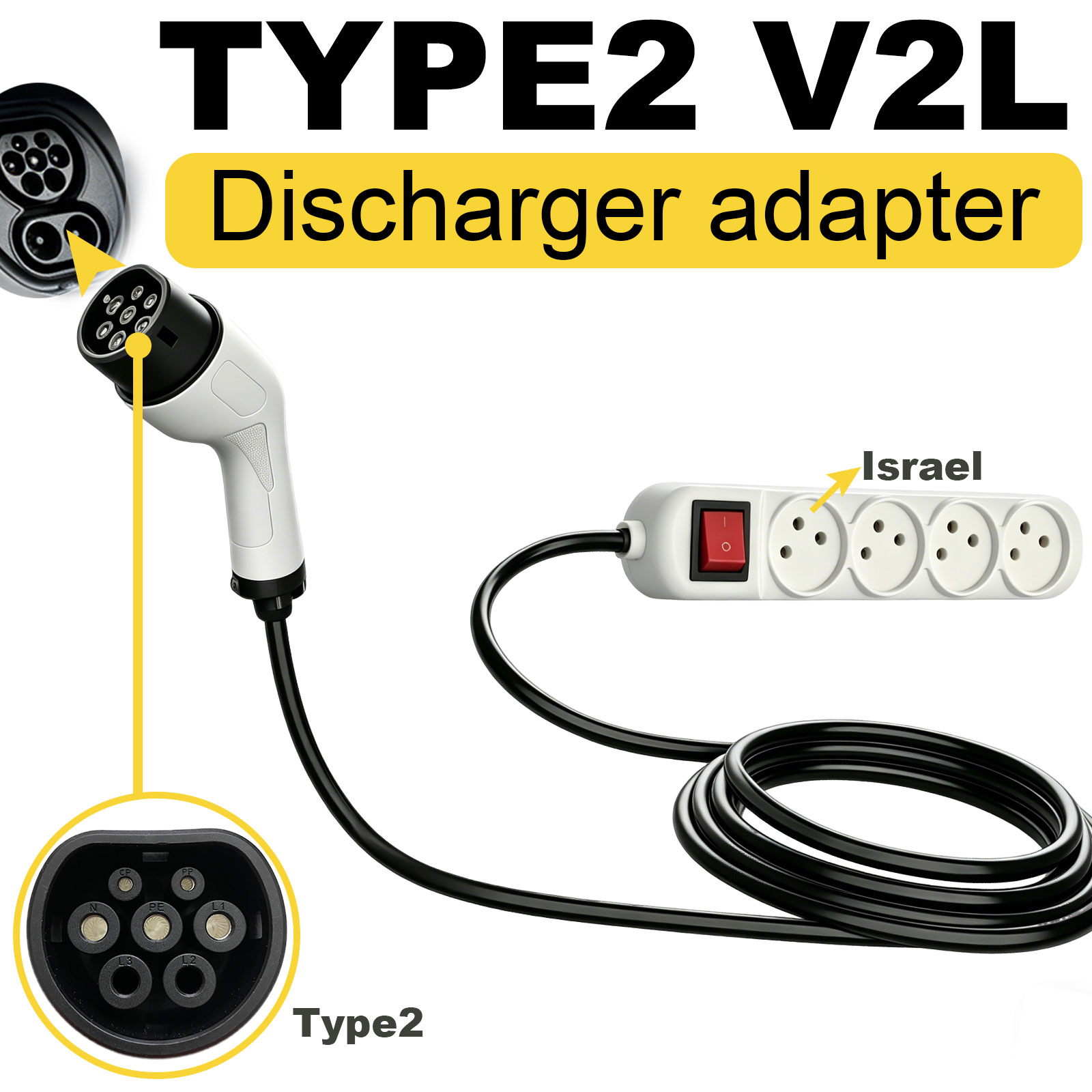 Outdoor Power Socket - Type2 V2L Discharge Adapter Israel Socket